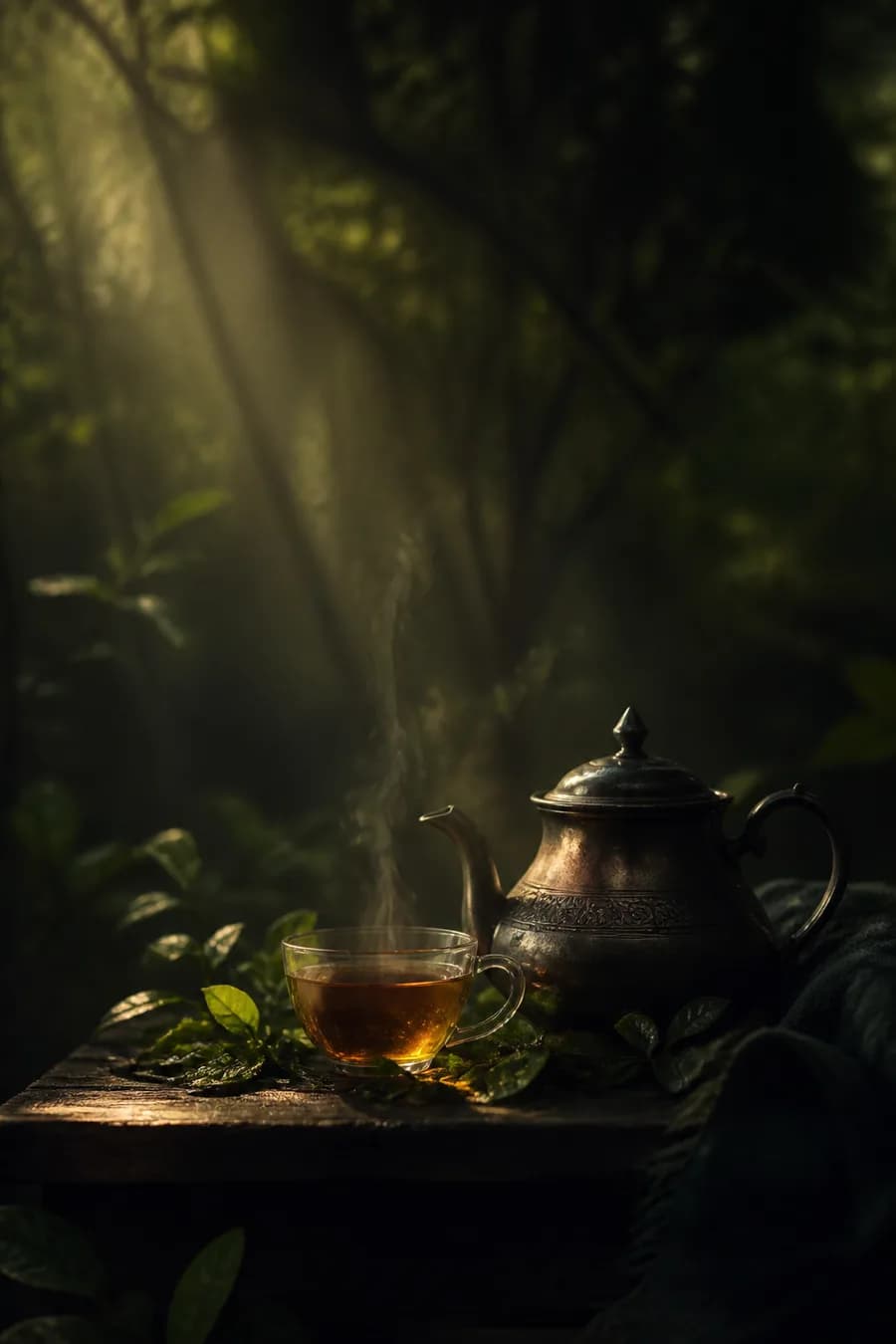 A warm cup of tea served beside a traditional teapot