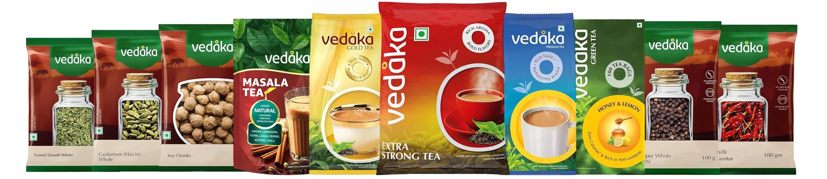 Amazon Vedaka tea and pantry packs, including masala, gold, extra strong, premium and green tea, spices, and soy chunks