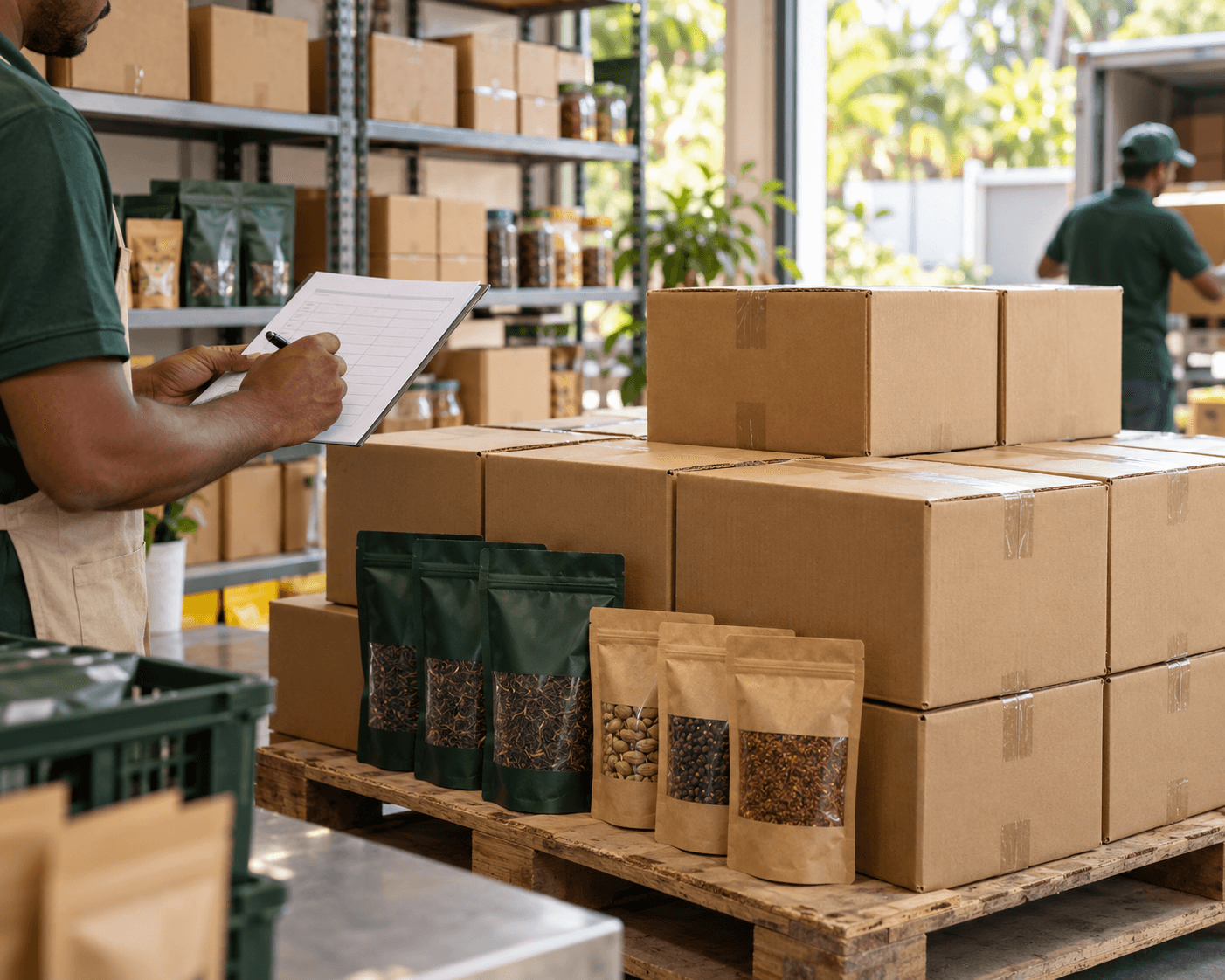 Illustration of unbranded tea and spice packs prepared for dispatch