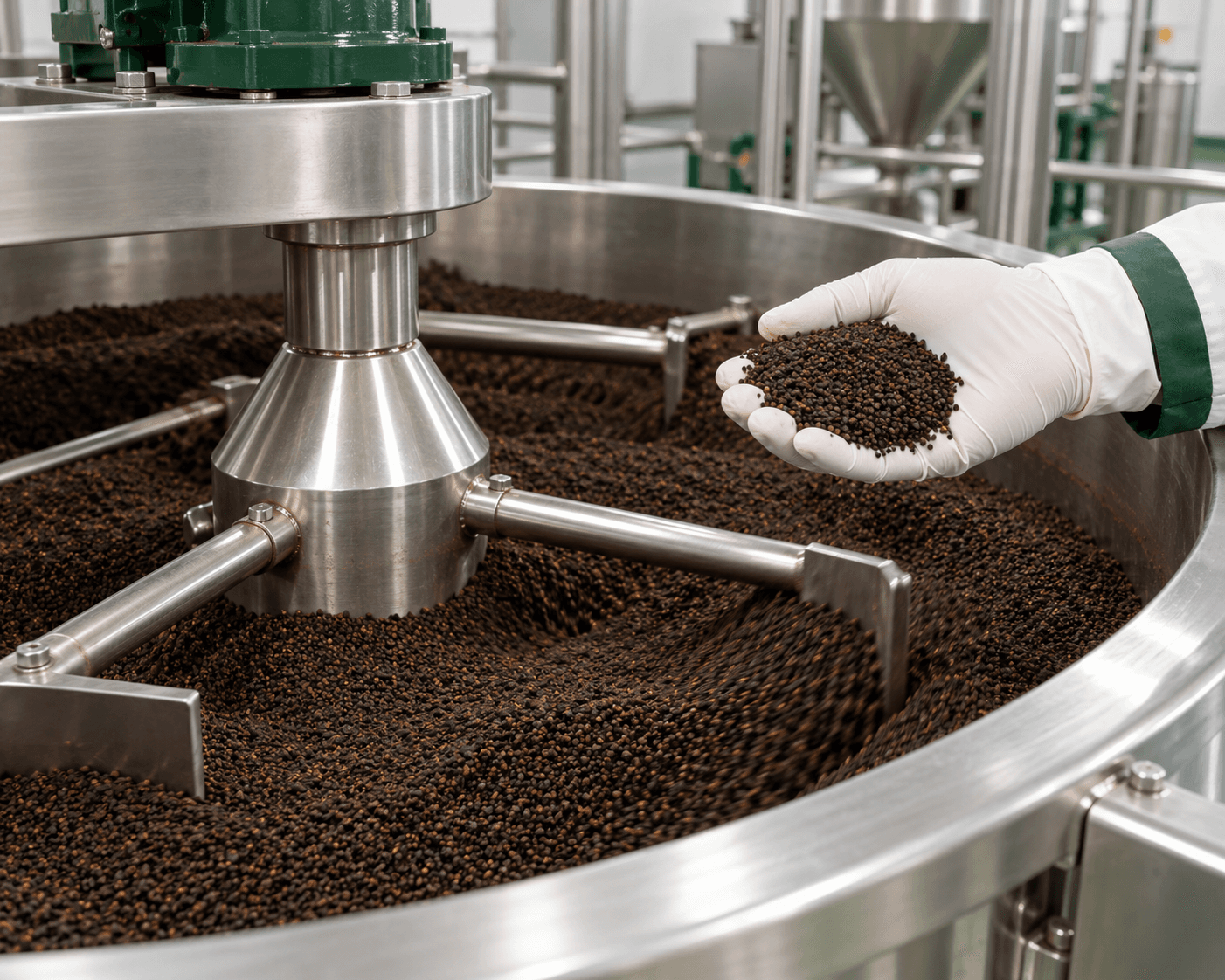 CTC tea granules being blended in a mixing vessel