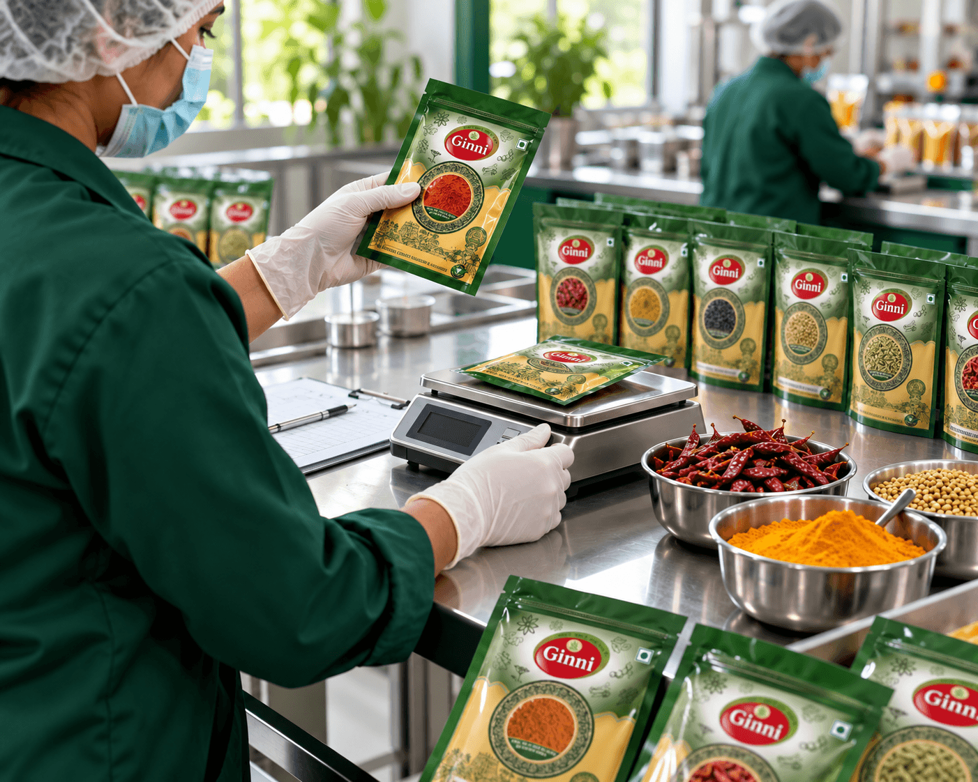 Worker checking green Ginni spice packets on a scale