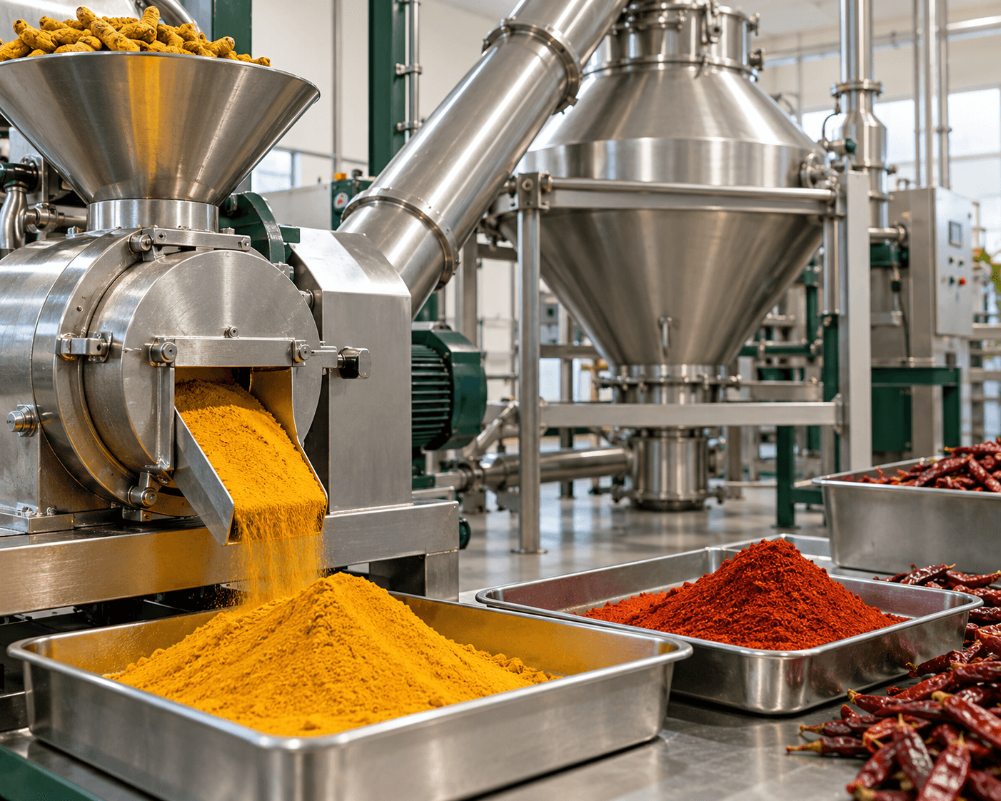 Illustration of spices being ground in processing equipment