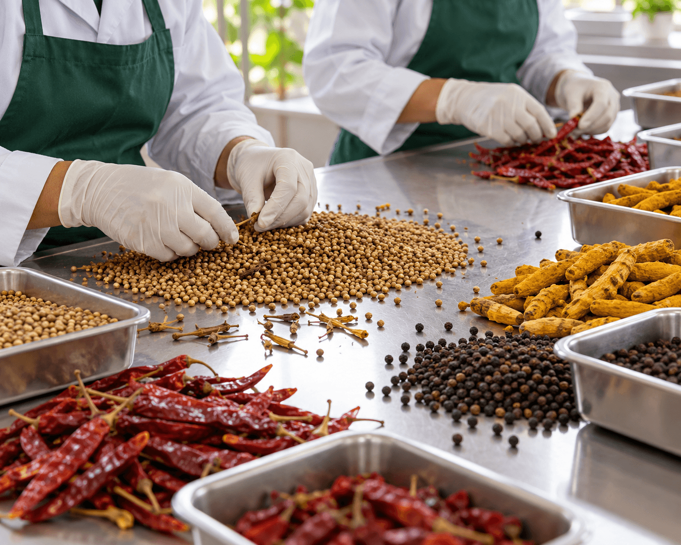 Illustration of whole spices being sorted by hand