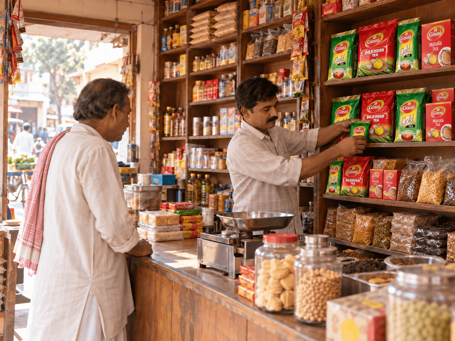 A neighbourhood shopkeeper arranging Ginni tea packets on the shelves