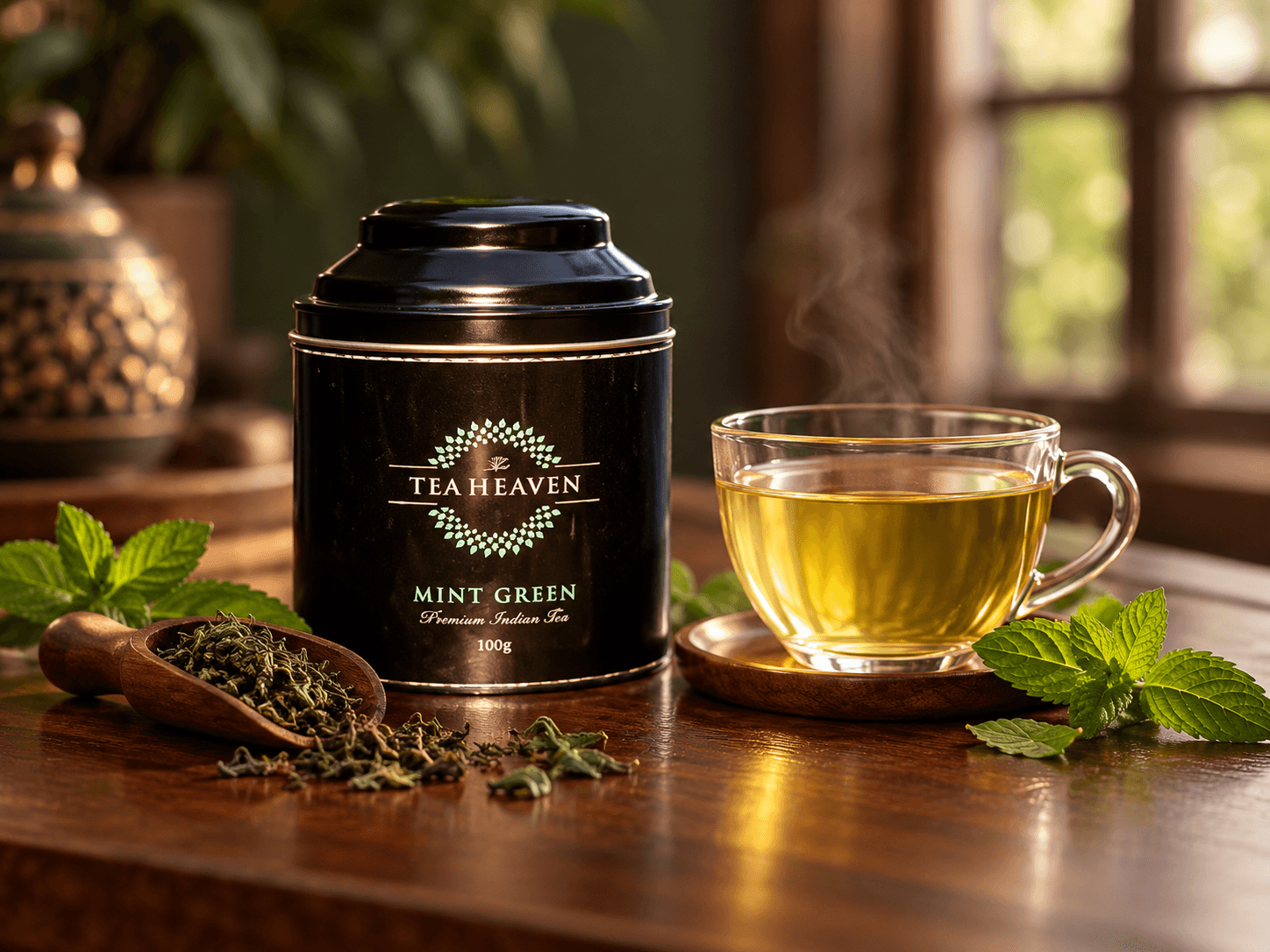 Tea Heaven Mint Green tin beside a freshly brewed cup