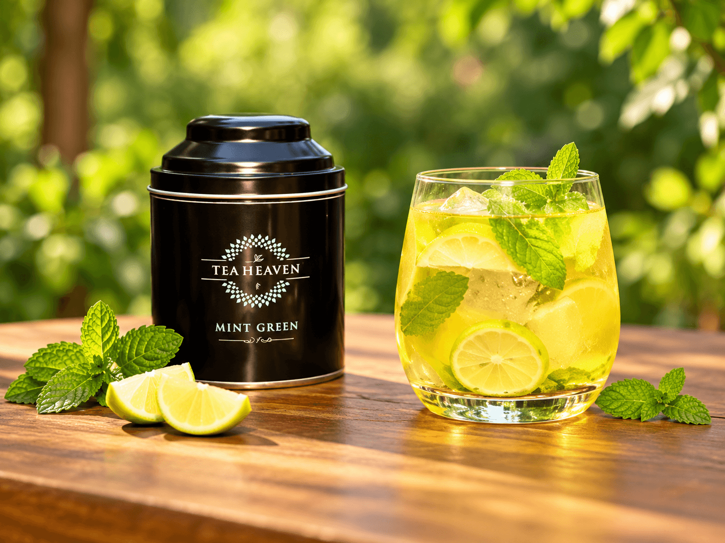 Tea Heaven Mint Green tin beside a glass of mint tea