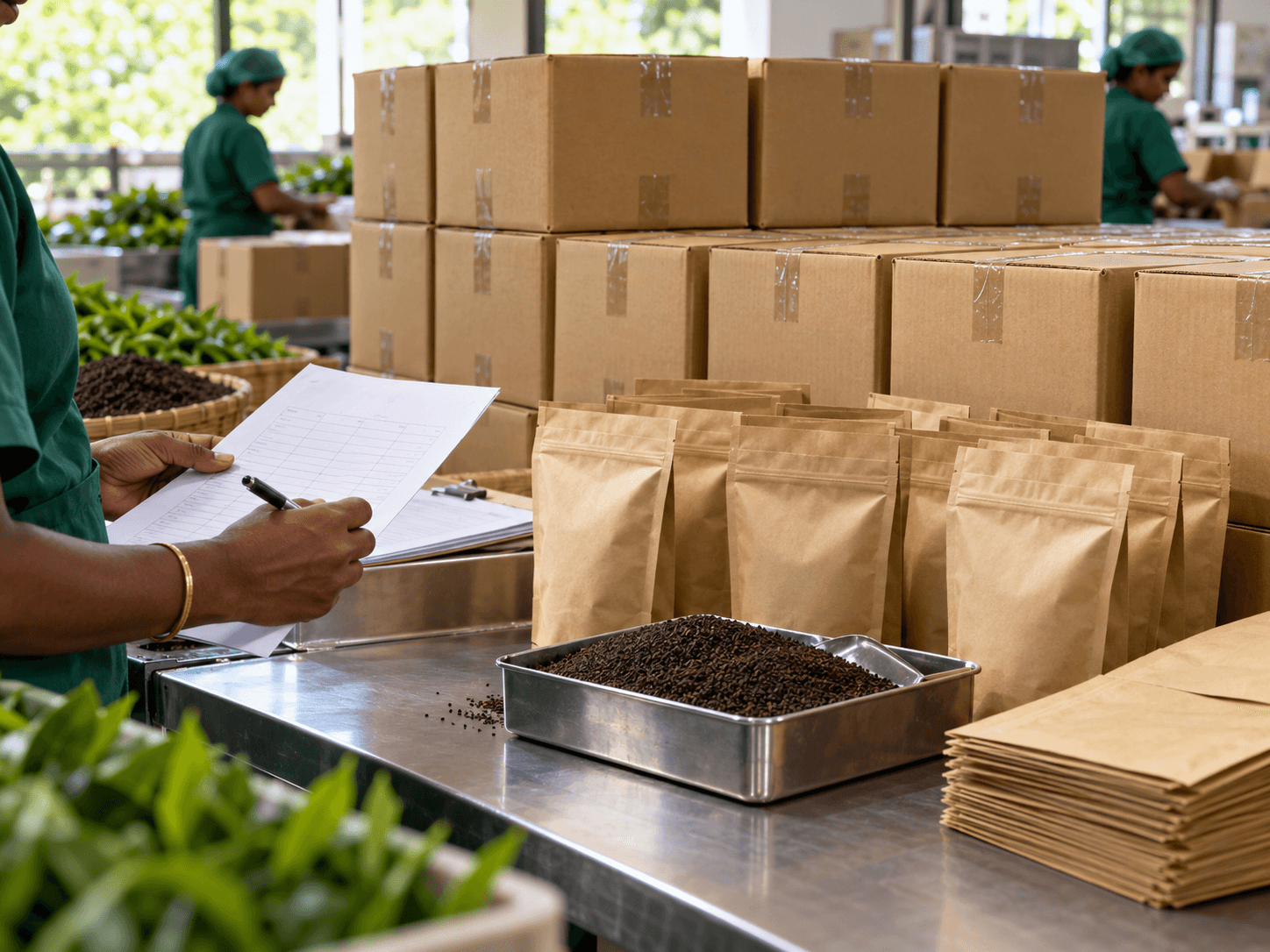 Tea packets and cartons being checked before dispatch
