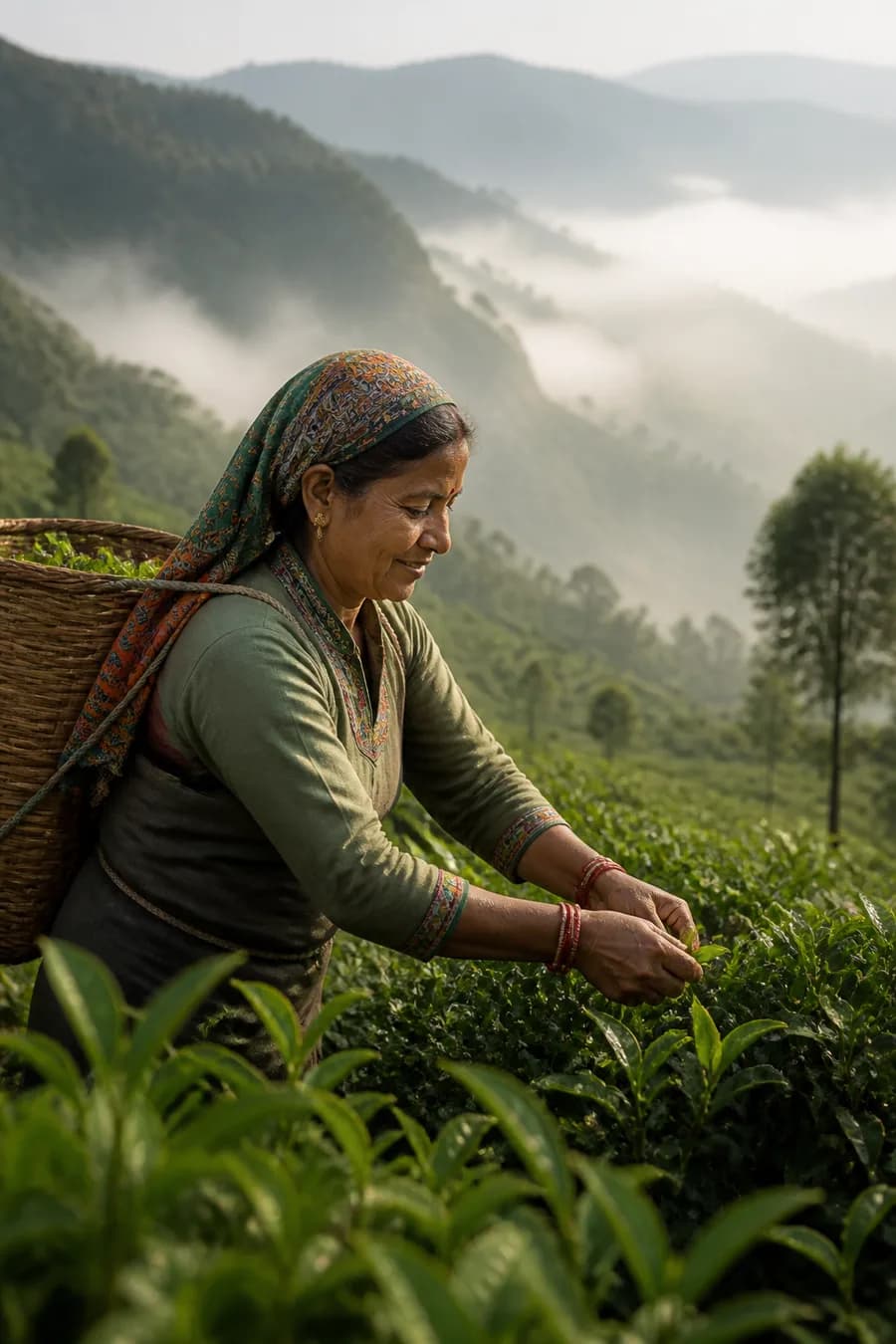 Tea leaves being harvested
