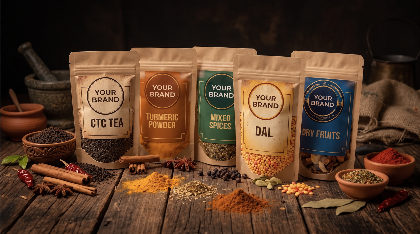 Illustrative private-label pouches for CTC tea, spices, dal, and dry fruits