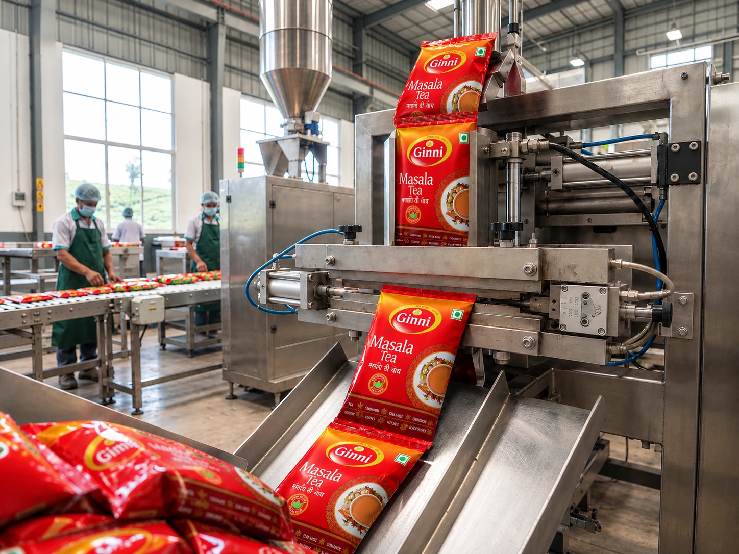 Ginni Masala Tea packs moving through a tea packaging line